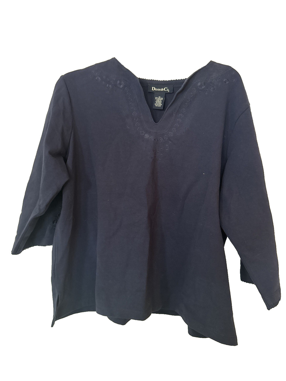 Denim & Co Women’s Size 1X Navy 3/4 Sleeve Too With Embroidery